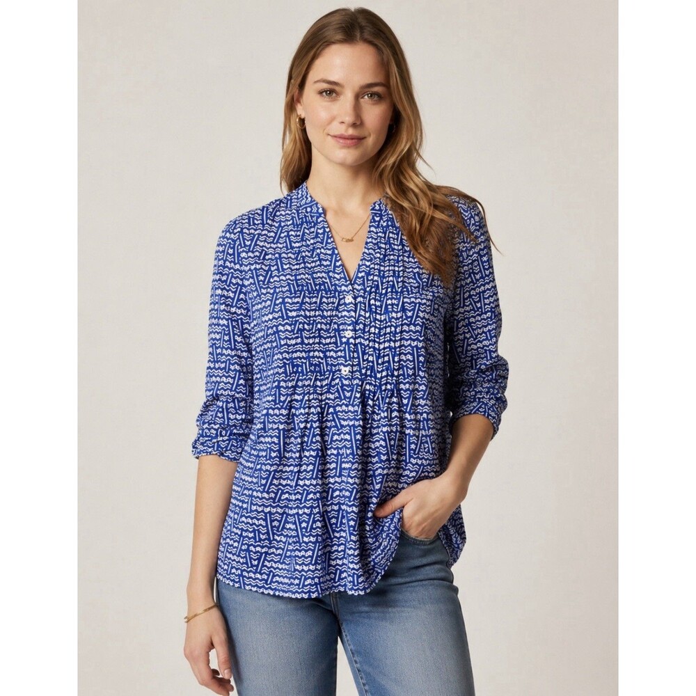 Anthropologie HD in Paris Kelly Blue Babydoll Blouse Top Preppy Office Sz 0